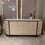 Oval Marble-Top Sideboard with Deep Button-Tufted Leather Panels and High-Gloss Lacquer Frame